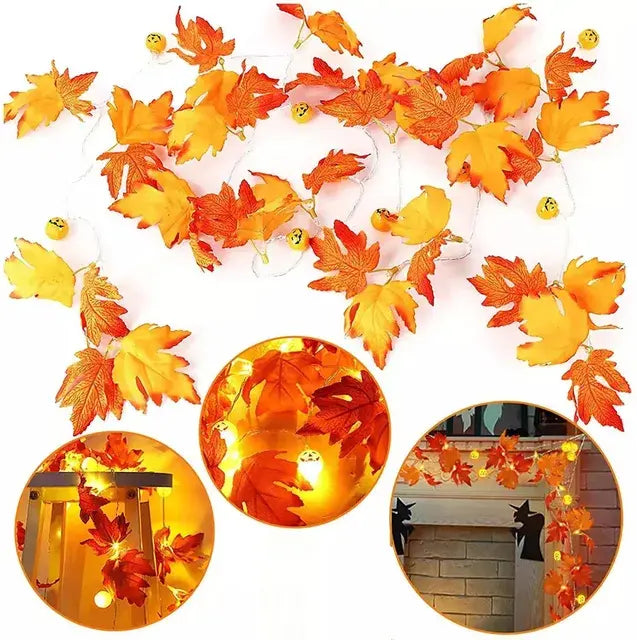 LED Artificial Fall Maple Leaves Pumpkin Garland: Autumn Decorations Fairy Lights for Halloween, Thanksgiving Party DIY Supplies and Props