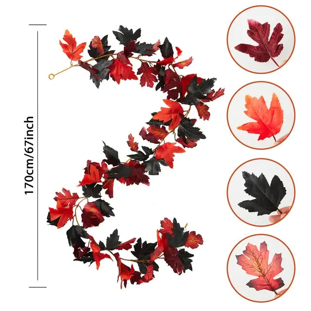 Artificial Autumn Maple Leaves Vine Garland: Set of 2 for Christmas, Halloween, and Thanksgiving Party Fireplace Fall Decor