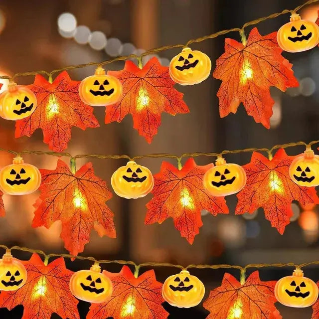 LED Artificial Fall Maple Leaves Pumpkin Garland: Autumn Decorations Fairy Lights for Halloween, Thanksgiving Party DIY Supplies and Props