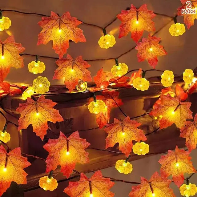 LED Artificial Fall Maple Leaves Pumpkin Garland: Autumn Decorations Fairy Lights for Halloween, Thanksgiving Party DIY Supplies and Props