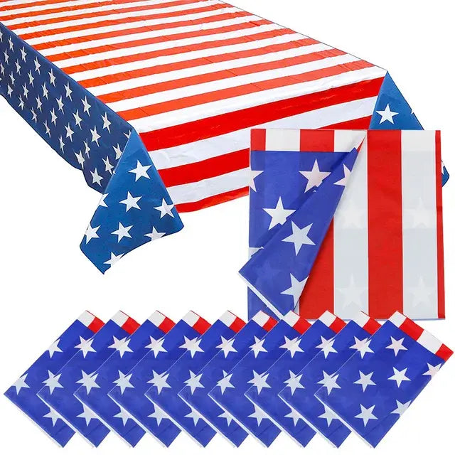 USA Flag Disposable Tablecloth - Patriotic Stars and Plaid Design, Waterproof Fabric Protector for Independence Day Celebration