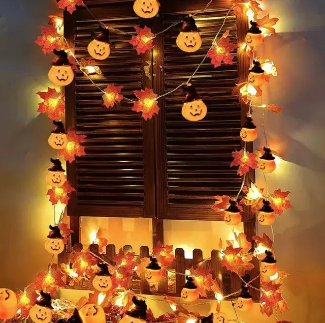 LED Artificial Fall Maple Leaves Pumpkin Garland: Autumn Decorations Fairy Lights for Halloween, Thanksgiving Party DIY Supplies and Props