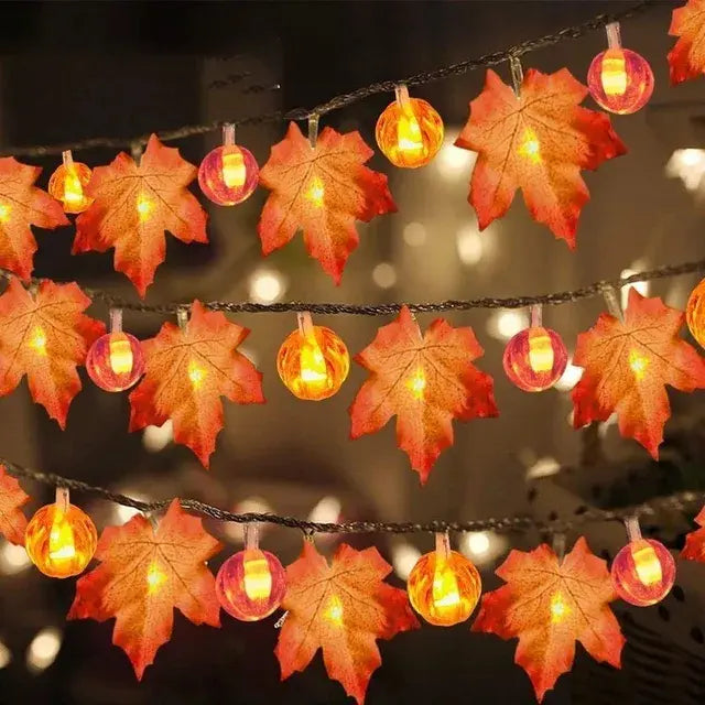 LED Artificial Fall Maple Leaves Pumpkin Garland: Autumn Decorations Fairy Lights for Halloween, Thanksgiving Party DIY Supplies and Props