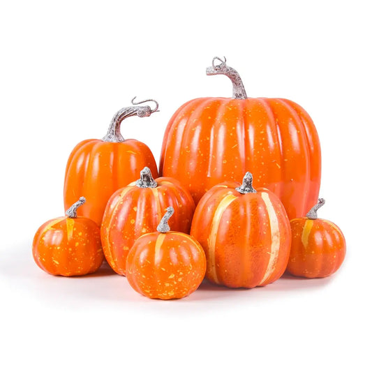 7-Piece Assorted Sizes Artificial Pumpkins Set: Halloween, Thanksgiving, Fall Harvest Home Decoration