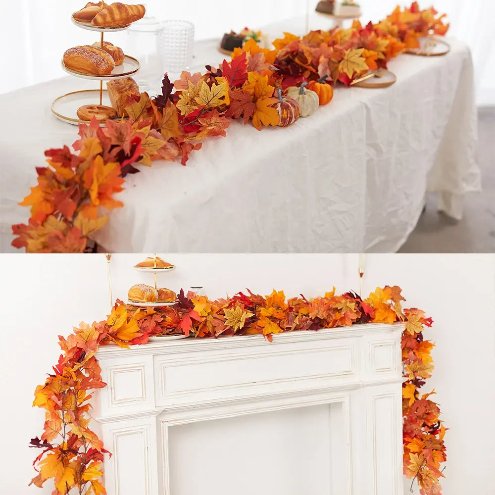 Artificial Autumn Maple Leaves Vine Garland: Set of 2 for Christmas, Halloween, and Thanksgiving Party Fireplace Fall Decor