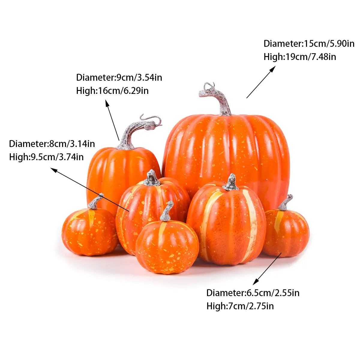 7-Piece Assorted Sizes Artificial Pumpkins Set: Halloween, Thanksgiving, Fall Harvest Home Decoration