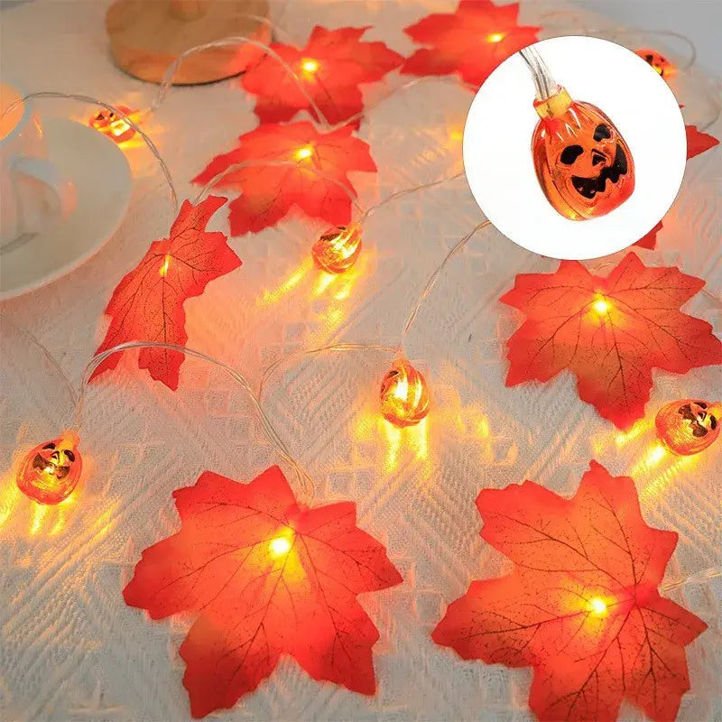 LED Artificial Fall Maple Leaves Pumpkin Garland: Autumn Decorations Fairy Lights for Halloween, Thanksgiving Party DIY Supplies and Props