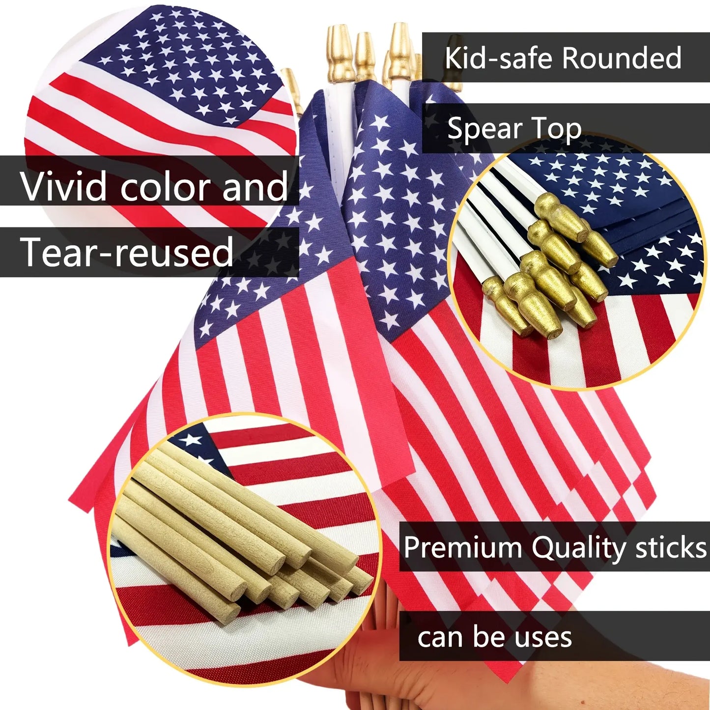 Set of 12 Small American Flags on Sticks - Mini US Flags for Outdoor Patriotic Holiday Decor, Yard, Patio