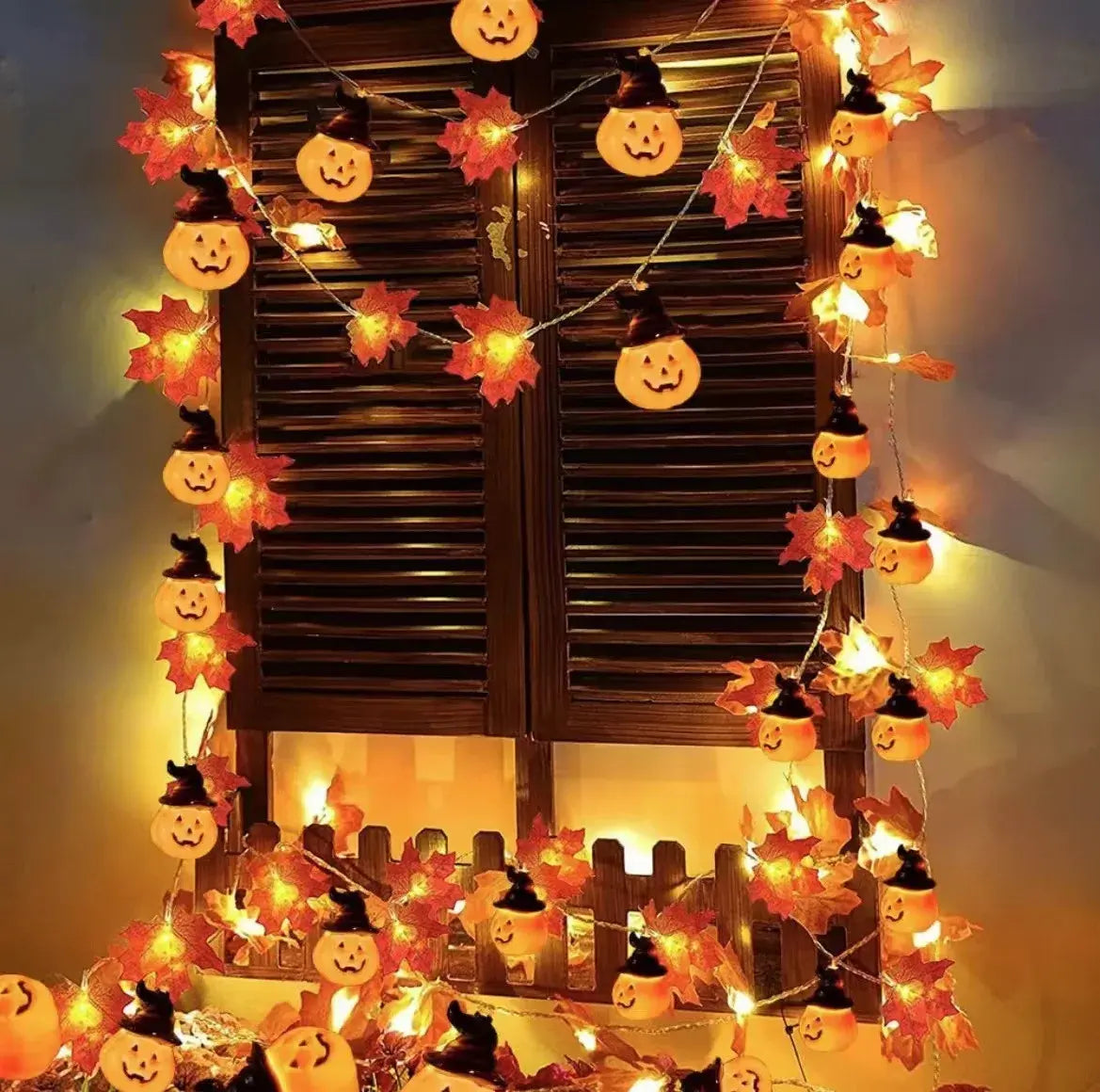 LED Artificial Fall Maple Leaves Pumpkin Garland: Autumn Decorations Fairy Lights for Halloween, Thanksgiving Party DIY Supplies and Props