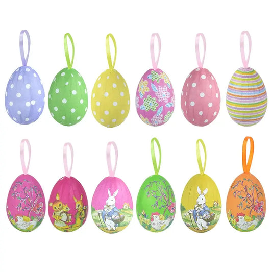 12-Piece Colorful Easter Egg Hanging Ornaments - Foam Rabbit Painted Eggs for Easter Party Décor, Home, and Kids' Gifts 2024